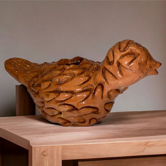 Unique Handmade Signed Red Pottery Clay Bird Candle Holder Figurine Collectible - Picture 2 of 7